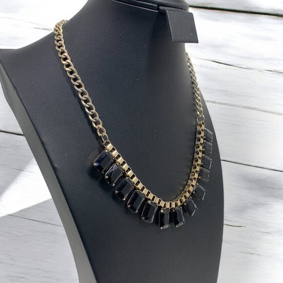 Vintage Black Bezel Set Black Stone Bib Necklace Gold Tone Chunky Chain 18"L+3" - Picture 2 of 4